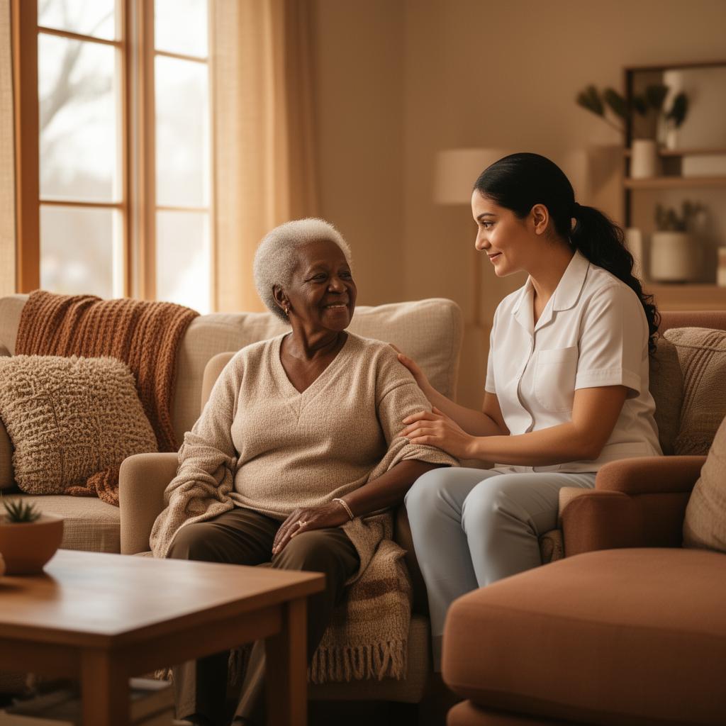 A caregiver providing warm, compassionate in-home care to an elderly person in a cozy living room
